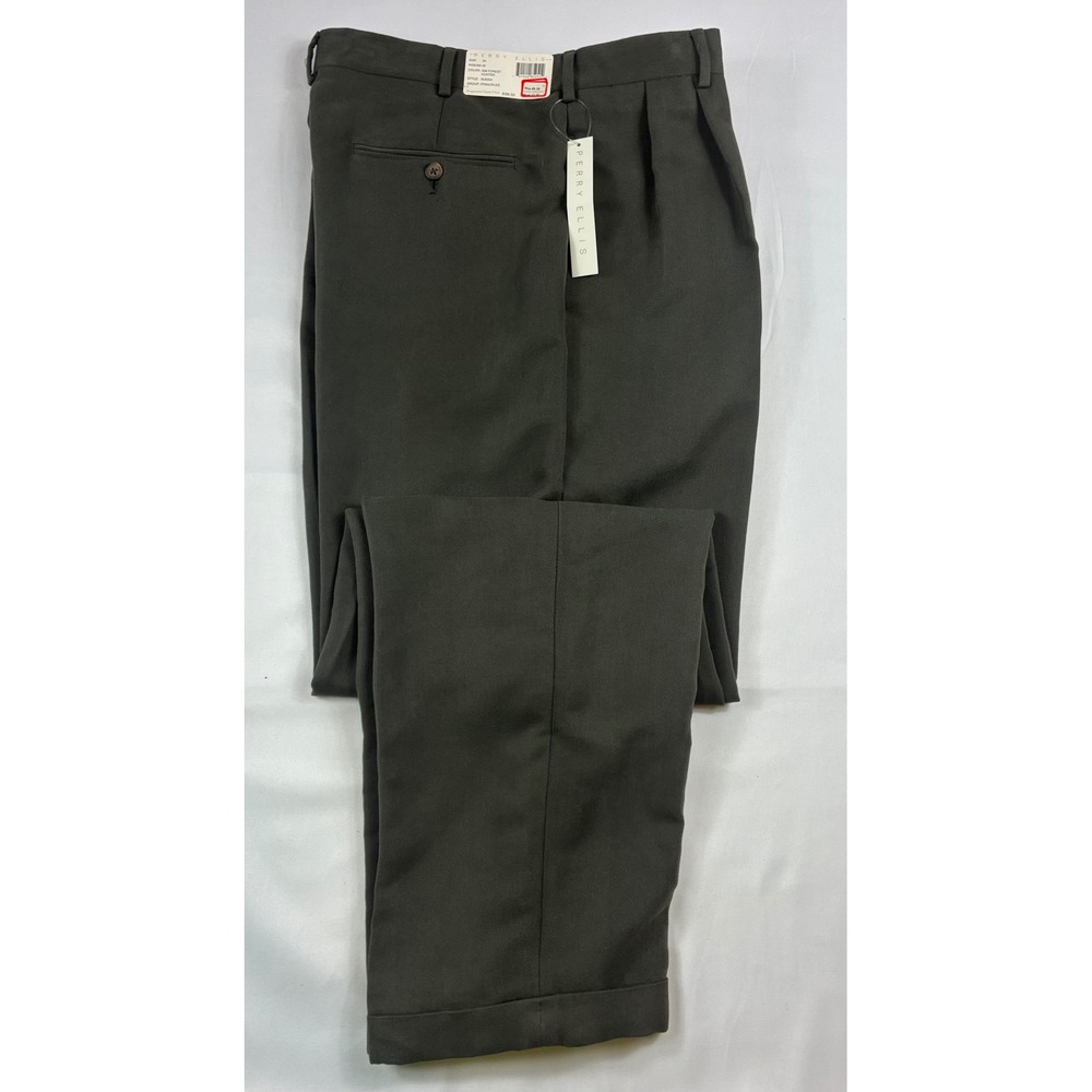 Perry Ellis Dress Pants Mens 34x32 Forest Green New Principles Pleated Trousers